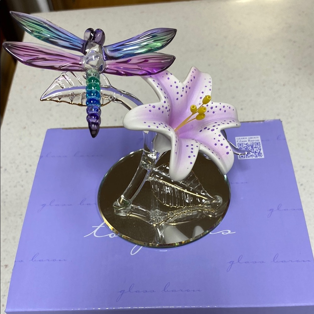 Purple and Pink Glass Art Dragonfly and Flower Sculpture